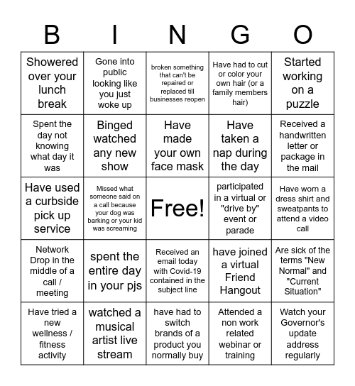 Quarantine Bingo Card