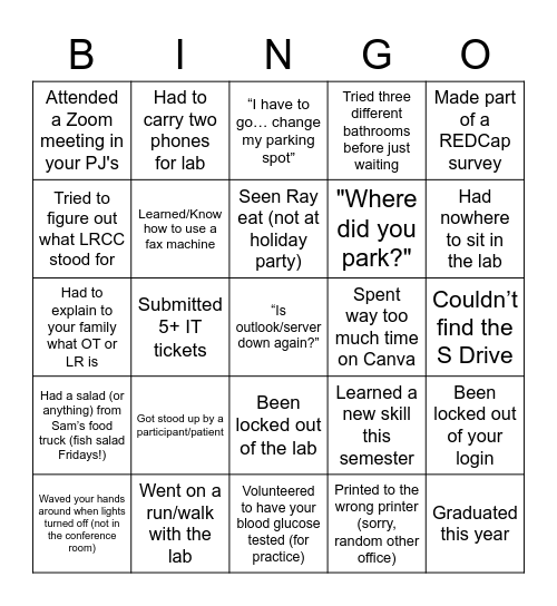 LRCC Lab Bingo (Spring 2020) Bingo Card
