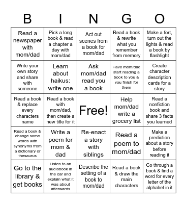 Summer Reading/Writing Fun Bingo Card