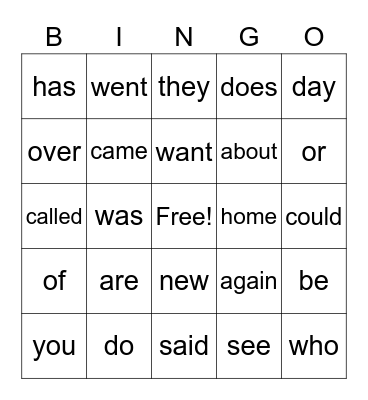 Sight Words Bingo Card