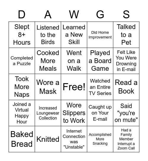 Social Distancing Bingo Card