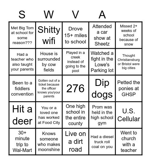 Southwest Virginia Kid Bingo Card