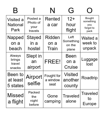 Traveler's Bingo Card