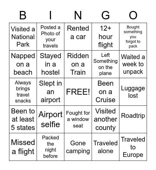 Traveler's Bingo Card