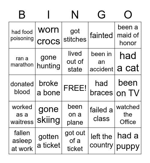 Never Have I Ever Bingo Card