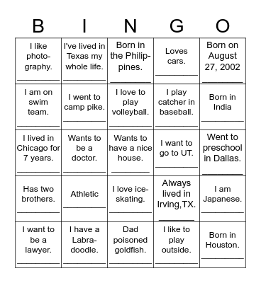 7th Period About Us Bingo Card