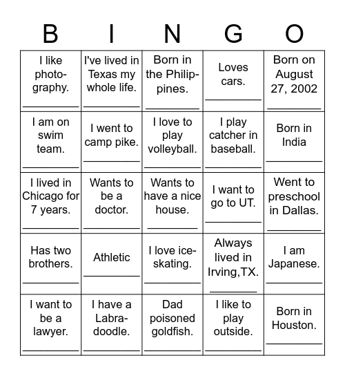 7th Period About Us Bingo Card