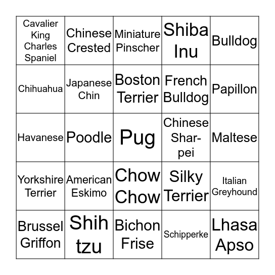 Terrier/Toy Breeds Bingo Card
