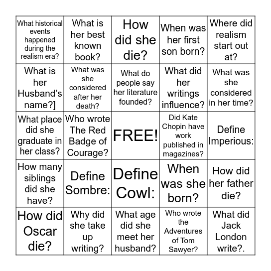 Realism Bingo Card