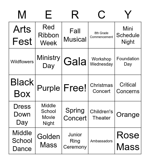 Mercy Events Bingo Card
