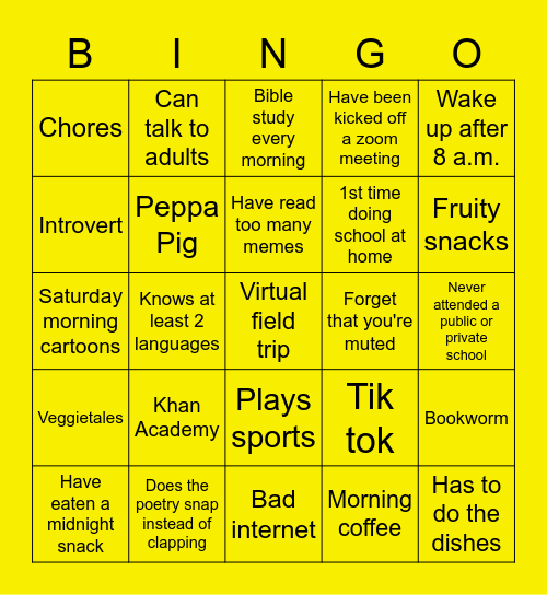 School At Home Bingo Card