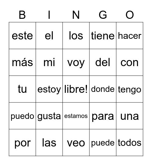 Palabras Frecuentes Bingo Card