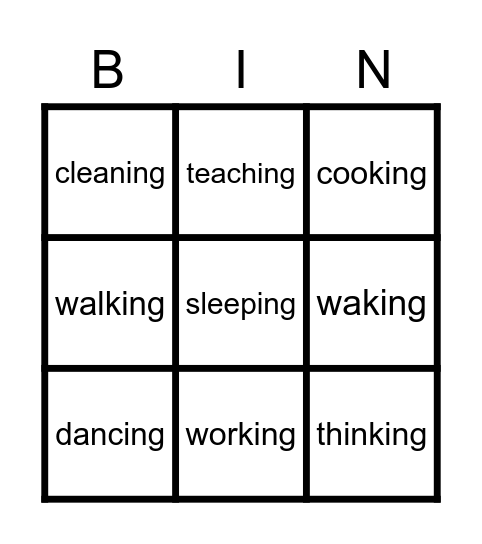 Present Continuous Tense Bingo Card