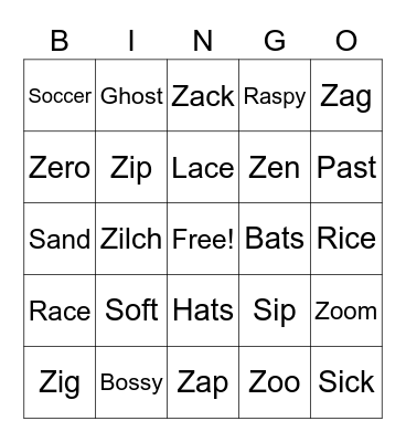 /z/ initial & /s/ all positions Bingo Card