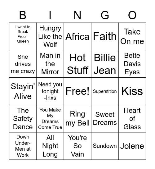 Musical Bingo - Crowd Pleasers Bingo Card