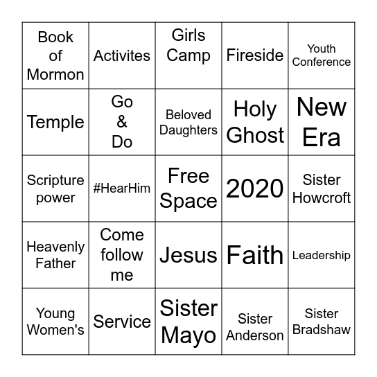 Mt. Pleasant 6th Ward Young Women Bingo Card