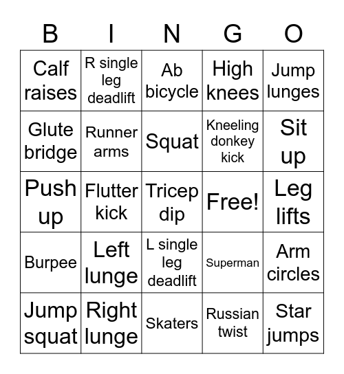 Fitness Bingo Card