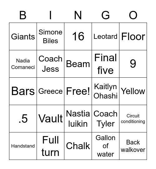 Gymnastics bingo Card