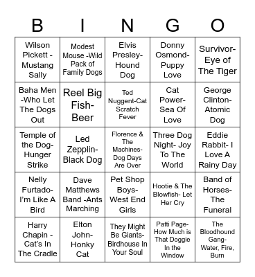 Total-Quiz.com Presents Radio Bingo: Pet Songs Bingo Card