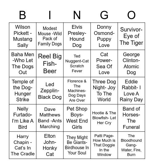 Total-Quiz.com Presents Radio Bingo: Pet Songs Bingo Card