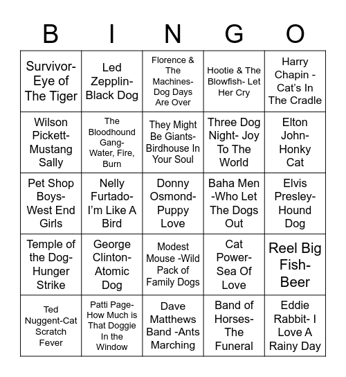 Total-Quiz.com Presents Radio Bingo: Pet Songs Bingo Card