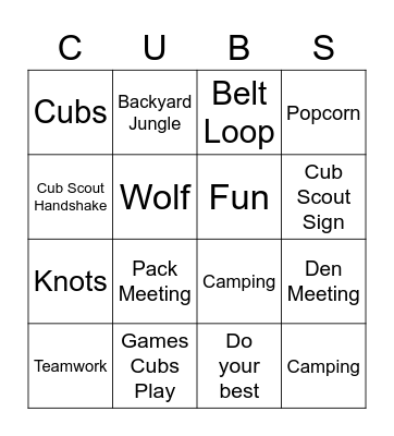 Kirwan Cub Bingo Card