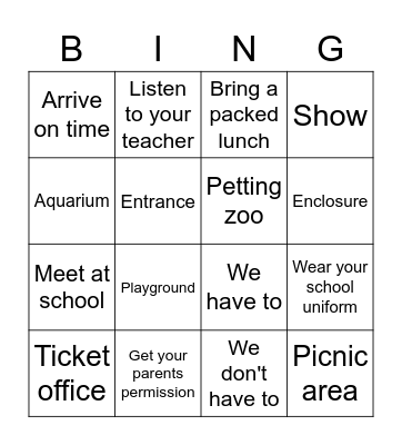 School trip Bingo Card