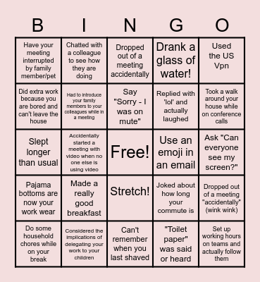 Remote Work Bingo Card
