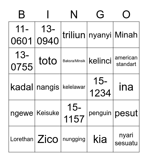 H Bingo Card