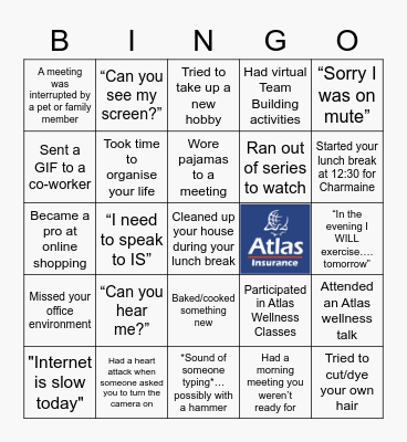Atlas Insurance Remote Work Bingo Card