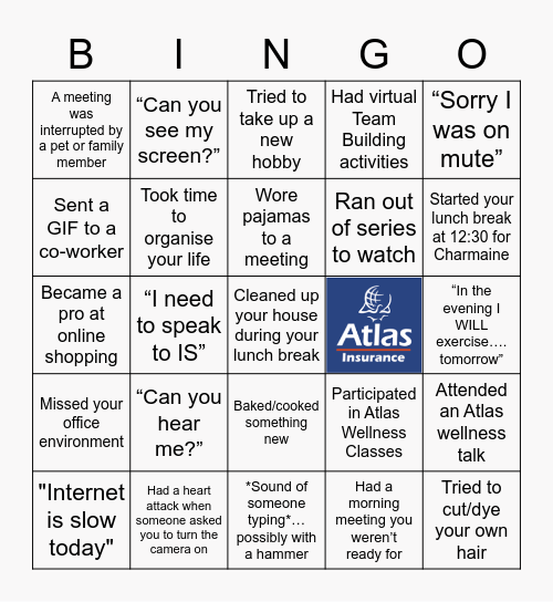 Atlas Insurance Remote Work Bingo Card