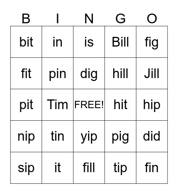 Short Vowel Bingo: I Bingo Card
