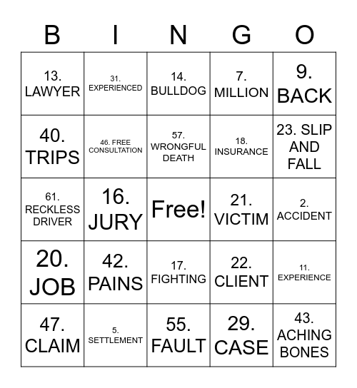 SLATER & GORDON BINGO Card