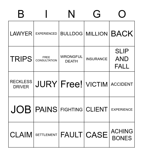 SLATER & GORDON BINGO Card