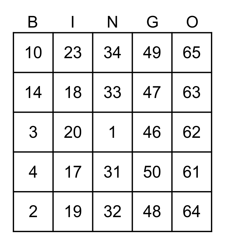 Number Bingo 1-25 Bingo Card