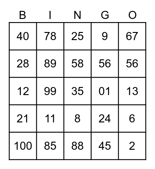 Maths Bingo Card