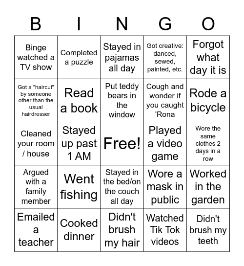 At-Home Learning 2020 Bingo Card