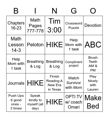 Wednesday Bingo Card