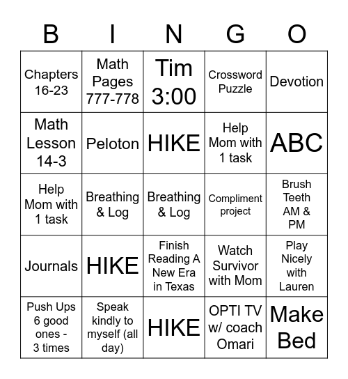 Wednesday Bingo Card