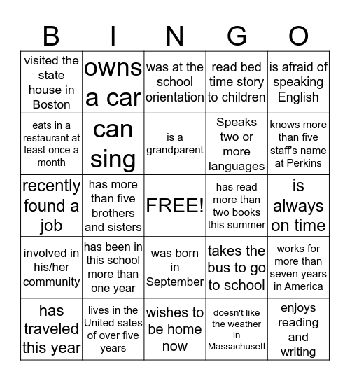 greeting  Bingo Card