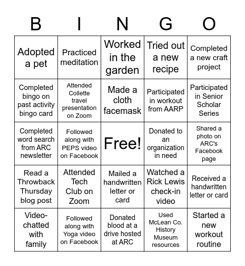 Activity Bingo 3 - June Newsletter Bingo Card