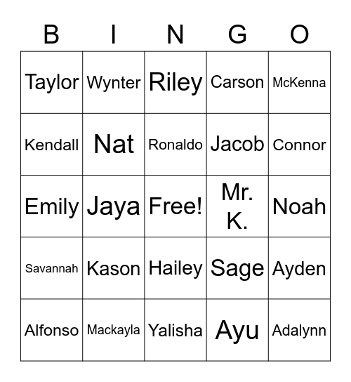 5th Grade Bingo Card