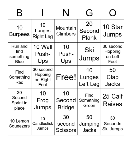 Fitness Bingo Card