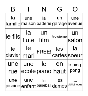 Francais Unit 5 Bingo Card