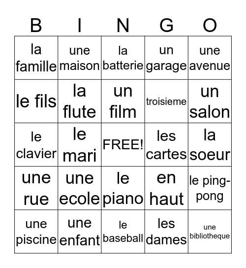 Francais Unit 5 Bingo Card