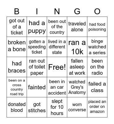 Never Have I Ever Bingo Card