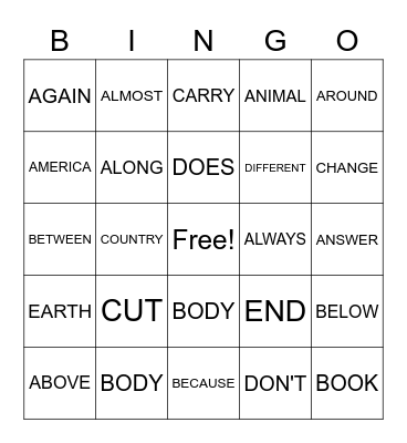 SIGHT WORD BINGO Card