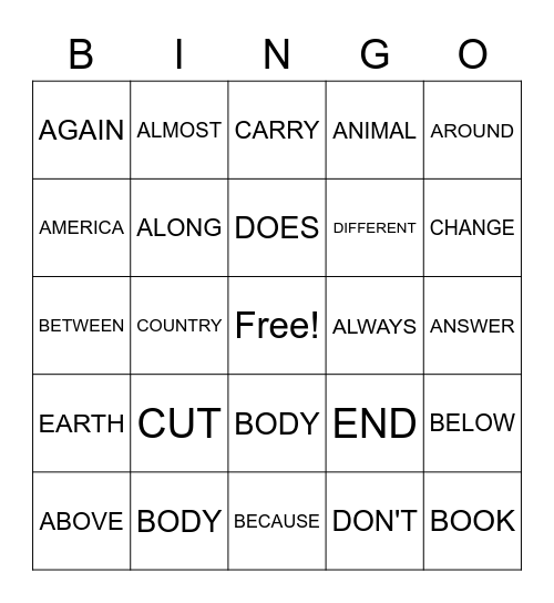 SIGHT WORD BINGO Card