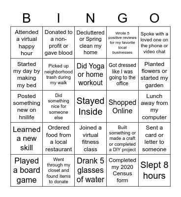 Social Distancing Bingo Card