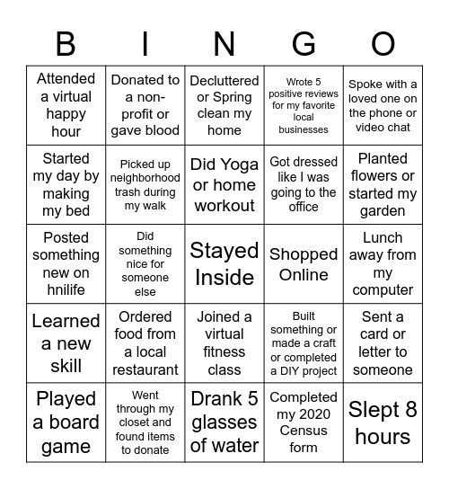 Social Distancing Bingo Card